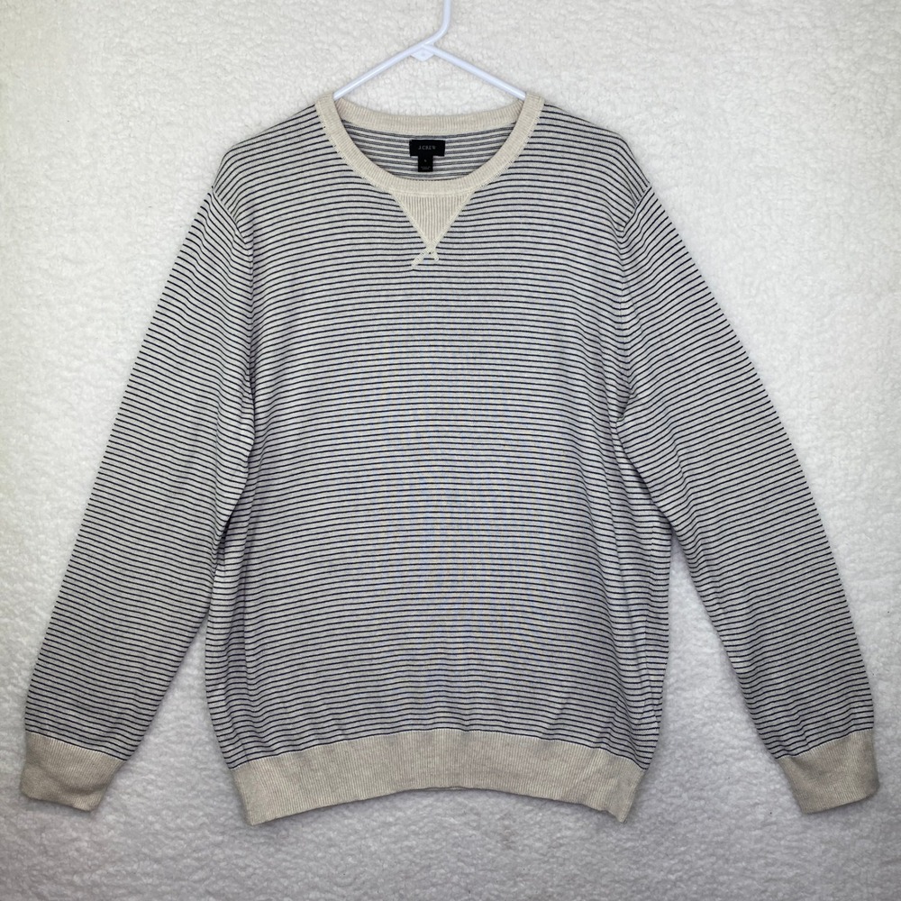 J.Crew Mens Striped Crew Neck Sweater Large Cream Navy Blue Long Sleeve Knit